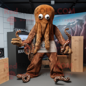 Brown Kraken mascot costume character dressed with a T-Shirt and Gloves