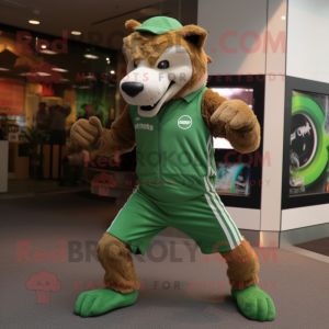 Green Thylacosmilus mascot costume character dressed with a Running Shorts and Keychains