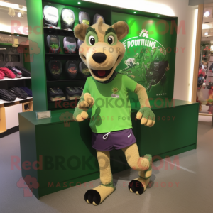 Green Thylacosmilus mascot costume character dressed with a Running Shorts and Keychains