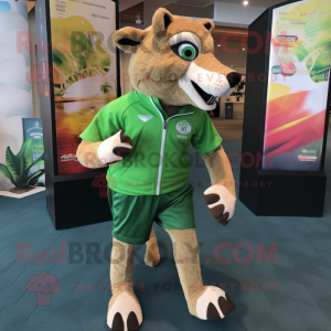 Green Thylacosmilus mascot costume character dressed with a Running Shorts and Keychains