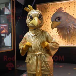 Gold Guinea Fowl mascot costume character dressed with a Windbreaker and Wraps