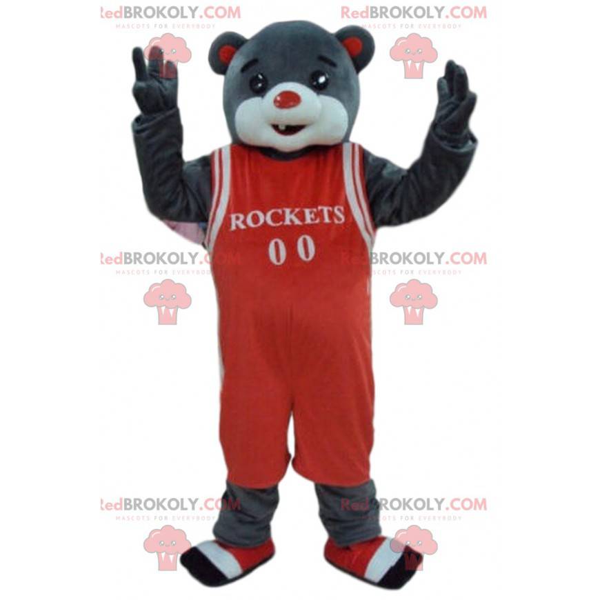 Gray bear mascot in basketball outfit, sport bear -