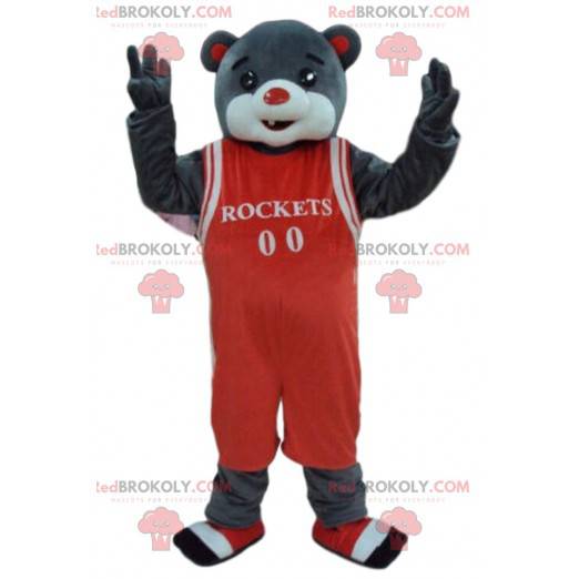 Mascote urso cinza com roupa de basquete, urso esporte -