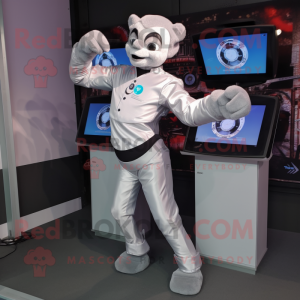 Silver Contortionist mascot costume character dressed with a Poplin Shirt and Digital watches