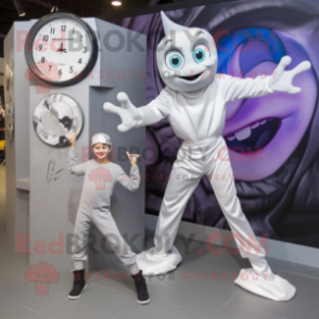 Silver Contortionist mascot costume character dressed with a Poplin Shirt and Digital watches