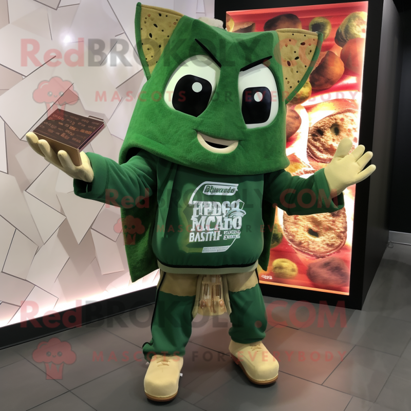 Forest Green Nachos mascot costume character dressed with a Hoodie and Wallets Forest Green Nachos mascot costume character dressed with a Hoodie and Wallets