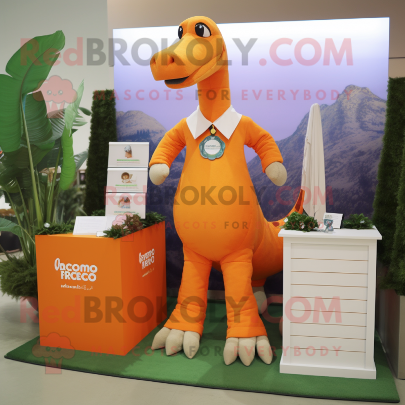 Orange Brachiosaurus mascot costume character dressed with a Polo Tee and Pocket squares Orange Brachiosaurus mascot costume character dressed with a Polo Tee and Pocket squares