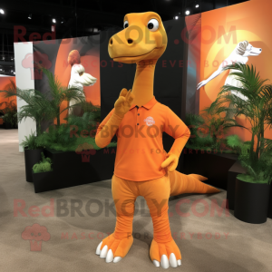 Orange Brachiosaurus mascot costume character dressed with a Polo Tee and Pocket squares