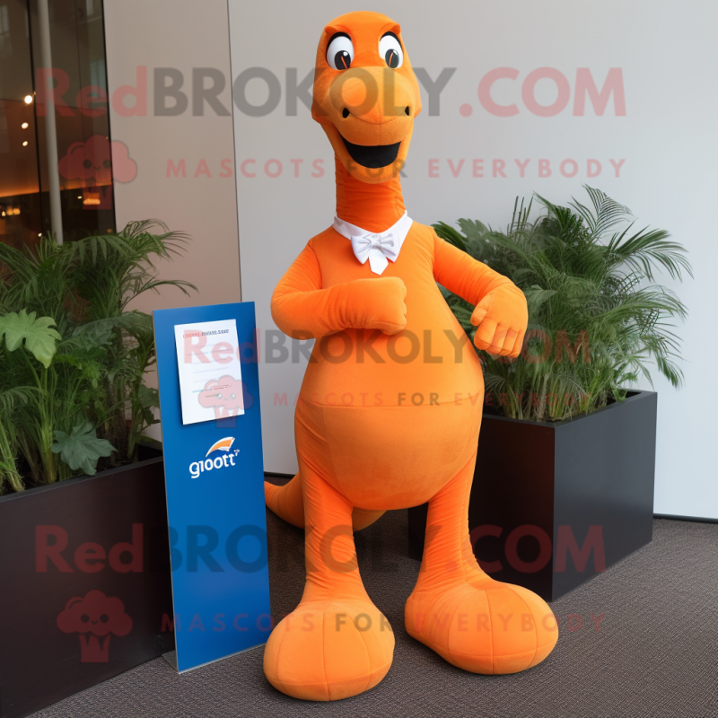 Orange Brachiosaurus mascot costume character dressed with a Polo Tee and Pocket squares Orange Brachiosaurus mascot costume character dressed with a Polo Tee and Pocket squares