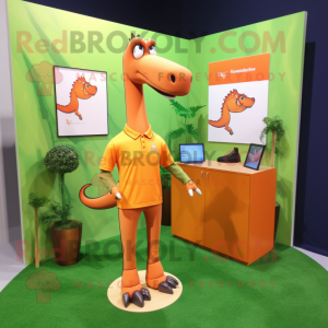 Orange Brachiosaurus mascot costume character dressed with a Polo Tee and Pocket squares