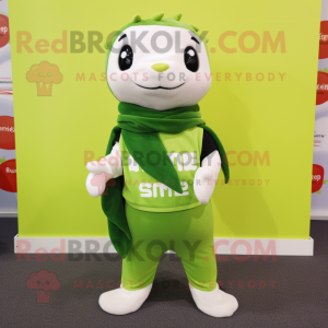 Lime Green Ermine mascot costume character dressed with a Sweatshirt and Scarves
