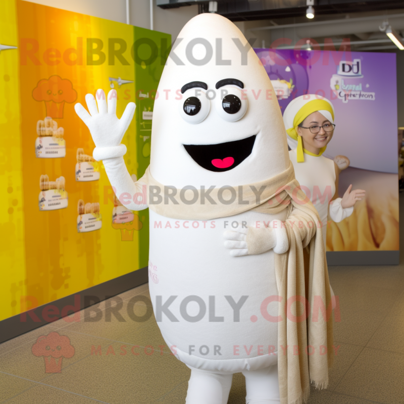 White Enchiladas mascot costume character dressed with a Pencil Skirt and Mittens