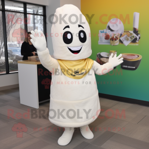 White Enchiladas mascot costume character dressed with a Pencil Skirt and Mittens