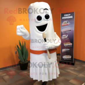 White Enchiladas mascot costume character dressed with a Pencil Skirt and Mittens