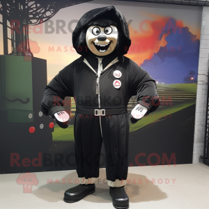 Black Knife Thrower mascot costume character dressed with a Bomber Jacket and Tie pins