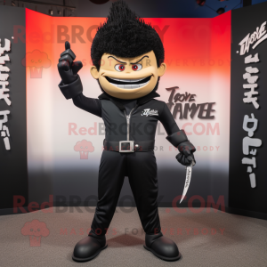 Black Knife Thrower mascot costume character dressed with a Bomber Jacket and Tie pins