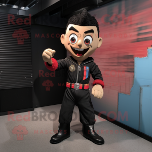 Black Knife Thrower mascot costume character dressed with a Bomber Jacket and Tie pins