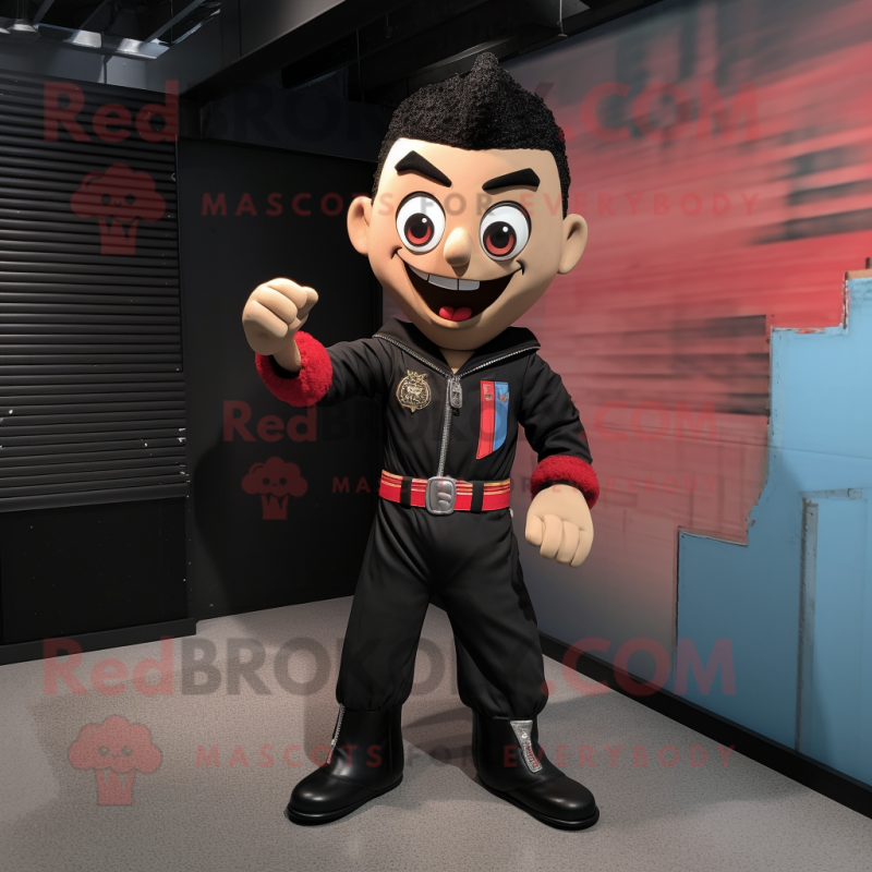 Black Knife Thrower mascot costume character dressed with a Bomber Jacket and Tie pins Black Knife Thrower mascot costume character dressed with a Bomber Jacket and Tie pins