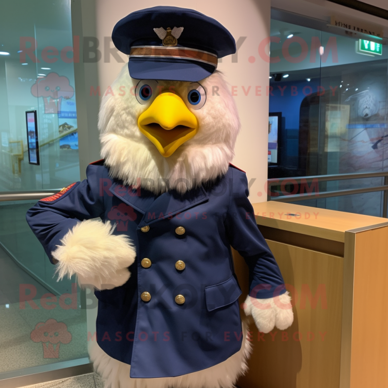 Navy Chicken mascot costume character dressed with a Parka and Hair clips Navy Chicken mascot costume character dressed with a Parka and Hair clips