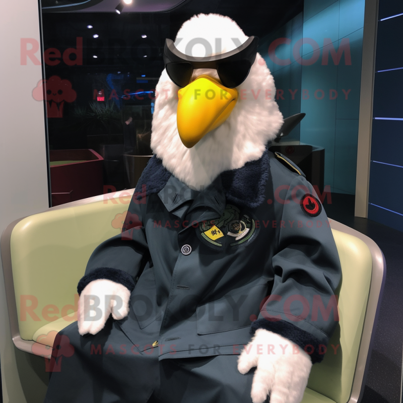 Navy Chicken mascot costume character dressed with a Parka and Hair clips Navy Chicken mascot costume character dressed with a Parka and Hair clips
