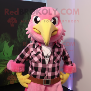 Pink Eagle mascot costume character dressed with a Flannel Shirt and Necklaces