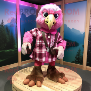 Pink Eagle mascot costume character dressed with a Flannel Shirt and Necklaces