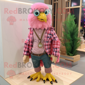 Pink Eagle mascot costume character dressed with a Flannel Shirt and Necklaces