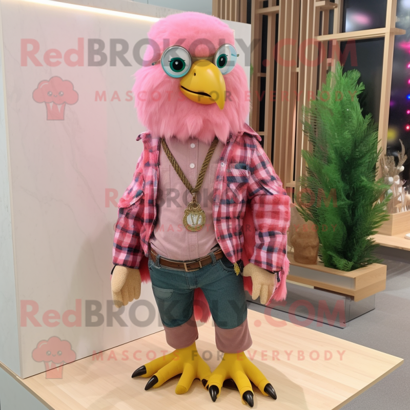 Pink Eagle mascot costume character dressed with a Flannel Shirt and Necklaces Pink Eagle mascot costume character dressed with a Flannel Shirt and Necklaces