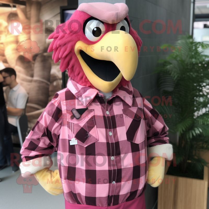 Pink Eagle mascot costume character dressed with a Flannel Shirt and Necklaces