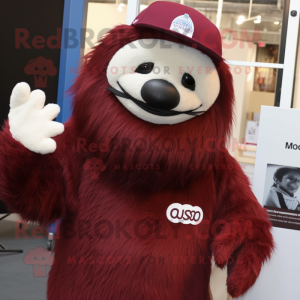 Maroon Giant Sloth mascot costume character dressed with a Dress Shirt and Beanies