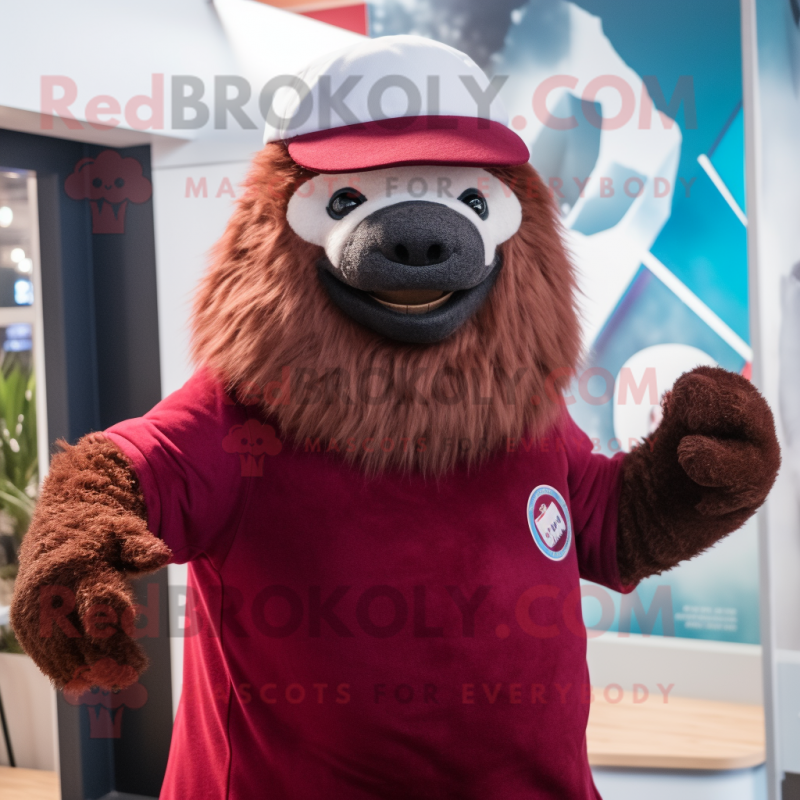 Maroon Giant Sloth mascot costume character dressed with a Dress Shirt and Beanies