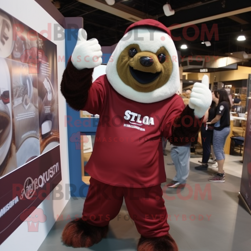 Maroon Giant Sloth mascot costume character dressed with a Dress Shirt and Beanies Maroon Giant Sloth mascot costume character dressed with a Dress Shirt and Beanies