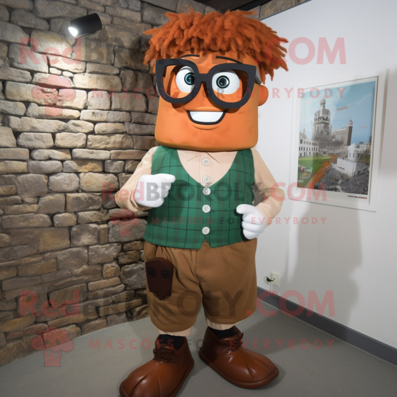 Rust Irish Castle mascot costume character dressed with a Button-Up Shirt and Eyeglasses Rust Irish Castle mascot costume character dressed with a Button-Up Shirt and Eyeglasses