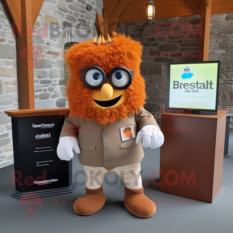 Rust Irish Castle mascot costume character dressed with a Button-Up Shirt and Eyeglasses