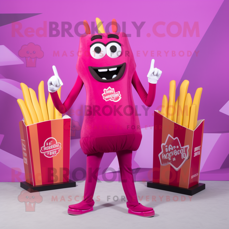 Magenta French Fries mascot costume character dressed with a Playsuit and Belts Magenta French Fries mascot costume character dressed with a Playsuit and Belts
