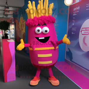 Magenta French Fries mascot costume character dressed with a Playsuit and Belts