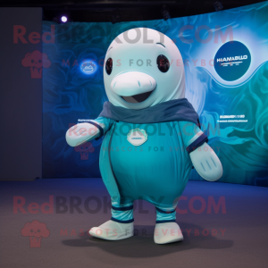 Cyan Humpback Whale mascot costume character dressed with a Bodysuit and Smartwatches