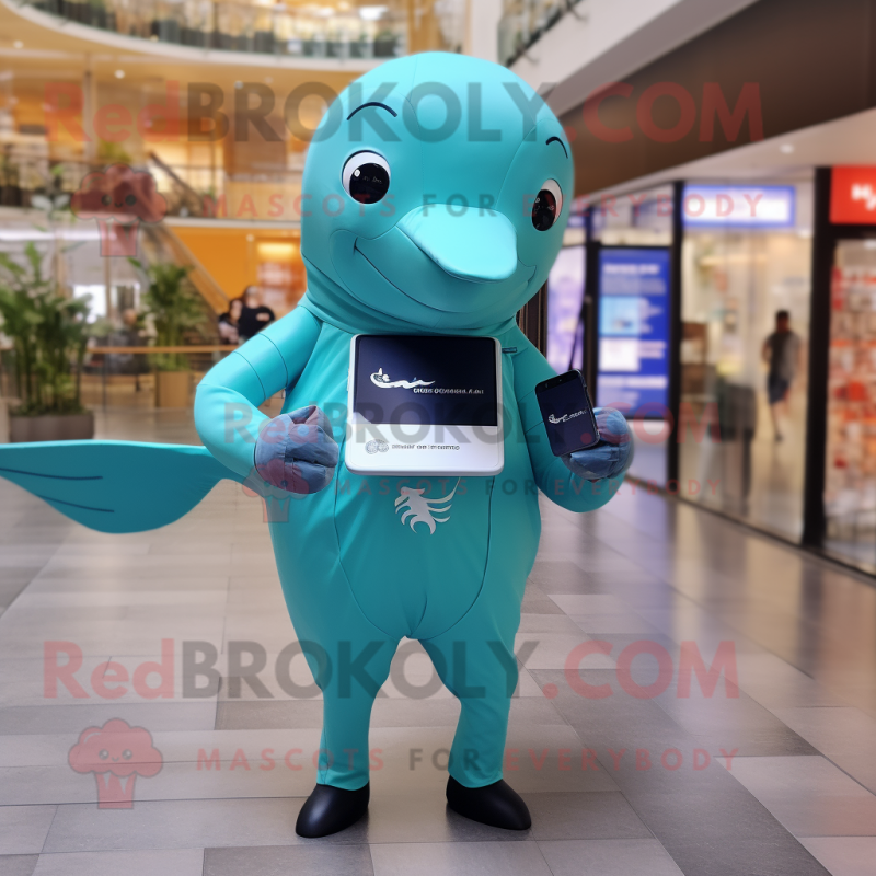 Cyan Humpback Whale mascot costume character dressed with a Bodysuit and Smartwatches