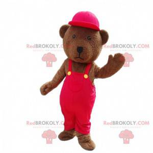 Bruine teddy mascotte gekleed in rood, teddybeer -