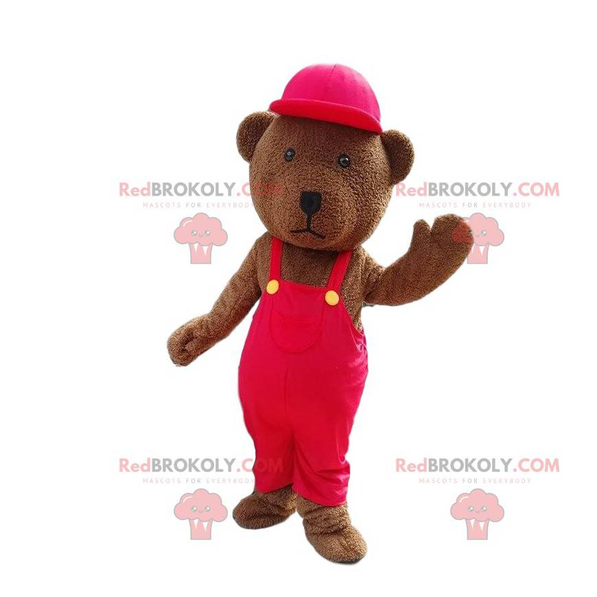 Mascote de pelúcia marrom vestido de vermelho, urso de pelúcia