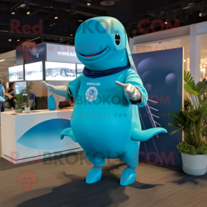 Cyan Humpback Whale mascot costume character dressed with a Bodysuit and Smartwatches