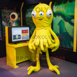 Lemon Yellow Kraken mascot costume character dressed with a Sweater and Earrings