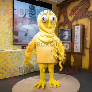 Lemon Yellow Kraken mascot costume character dressed with a Sweater and Earrings