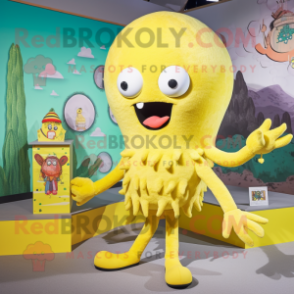 Lemon Yellow Kraken mascot costume character dressed with a Sweater and Earrings