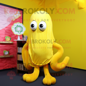 Lemon Yellow Kraken mascot costume character dressed with a Sweater and Earrings