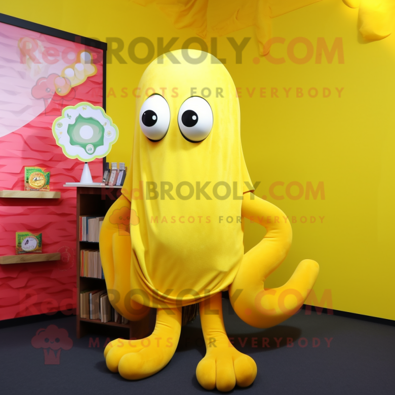 Lemon Yellow Kraken mascot costume character dressed with a Sweater and Earrings Lemon Yellow Kraken mascot costume character dressed with a Sweater and Earrings