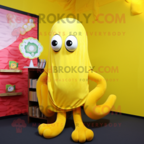 Lemon Yellow Kraken mascot costume character dressed with a Sweater and Earrings