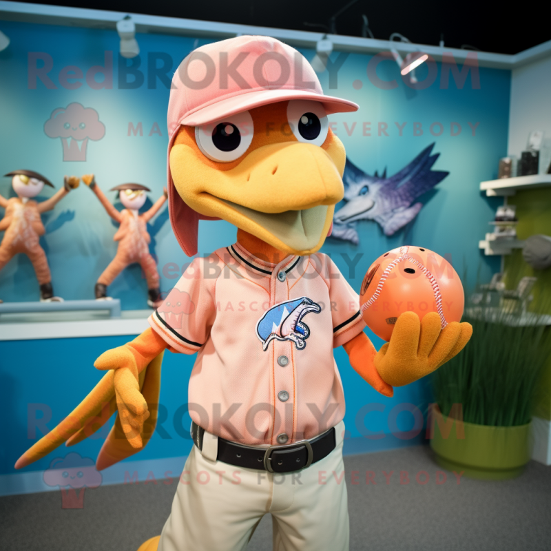 Peach Dimorphodon mascot costume character dressed with a Baseball Tee and Necklaces