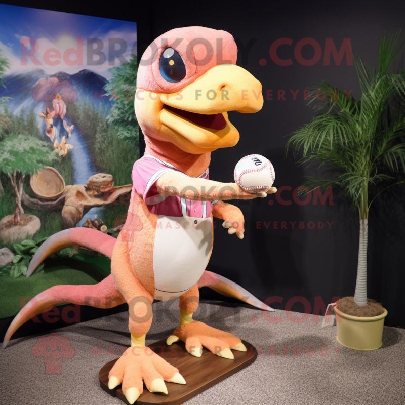 Peach Dimorphodon mascot costume character dressed with a Baseball Tee and Necklaces