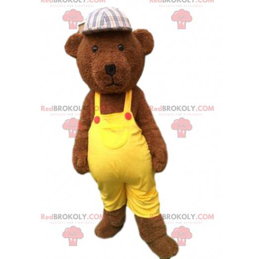 Bruine teddybeer mascotte gekleed in geel, teddybeer -